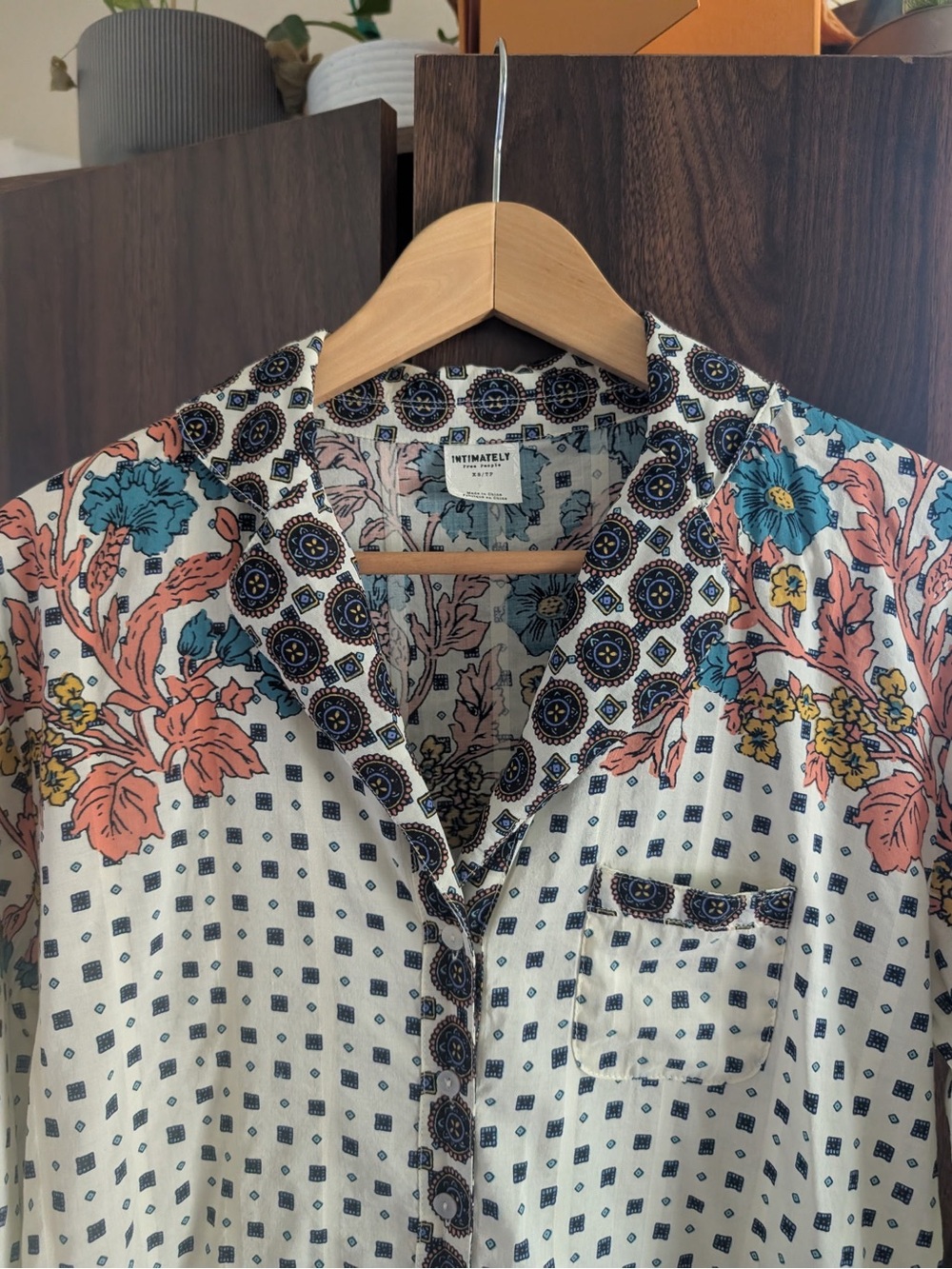 Printed Button-Up Blouse with Coral Floral Accents - Picture 3 of 5